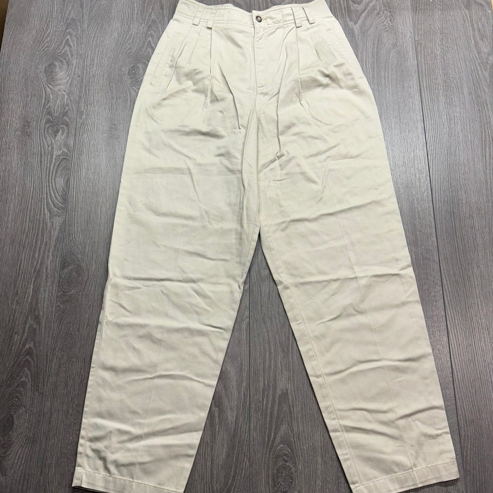 Vintage Lizsport Khaki Pleated Cotton Trousers Beige High Waist Straight Leg 10